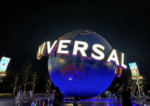 The iconic globe statue at the entrance of Universal Studios Beijing.