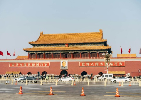 A portrait of Mao Zedong hangs above the Tiananmen Gate.