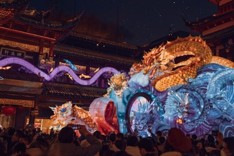 The beautiful night view of the colorful lanterns at Yu Garden in Shanghai.