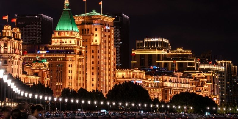 At night, the lights along the Bund in Shanghai are dazzling.