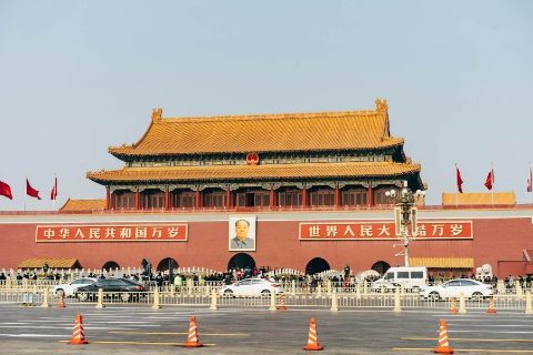 A portrait of Mao Zedong hangs above the Tiananmen Gate.