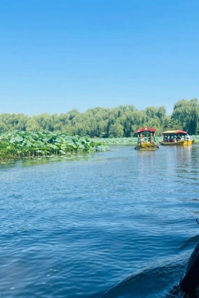 There are many yellow boats on Fuhai Lake.