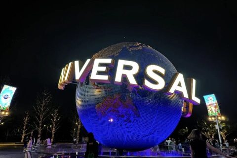 The iconic globe statue at the entrance of Universal Studios Beijing.