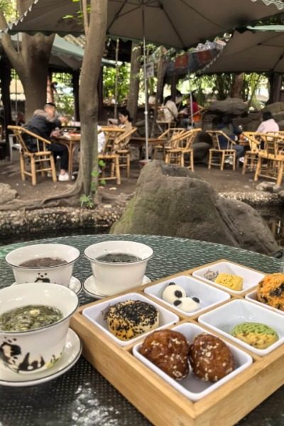 Snacks and Gaiwan tea at Heming Teahouse in Chengdu People's Park.