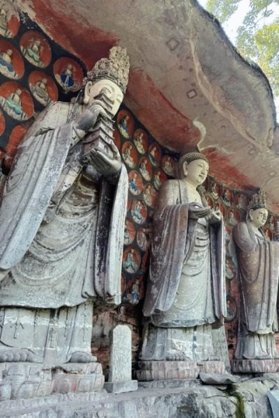 The Three Holy Figures of Huayan at the Dazu Rock Carvings in Chongqing.