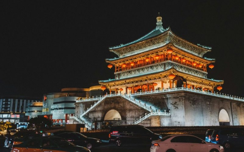 The Xi'an Bell Tower illuminated at night.