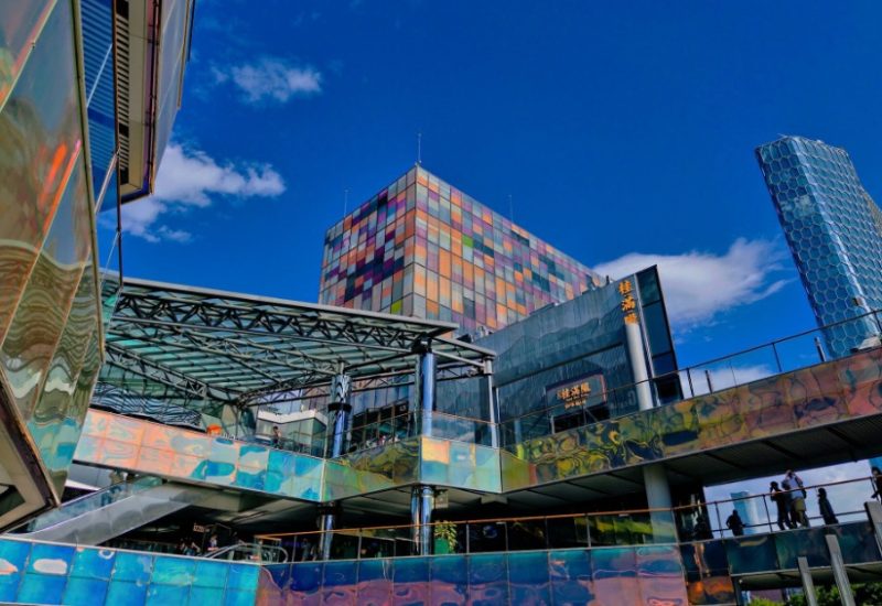 Sanlitun features many unique buildings, including a colorful structure that serves as a landmark.