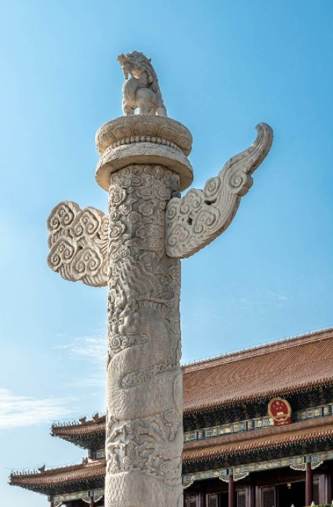 The pillars on Tiananmen Square, with a coiled dragon carved on the pillar body