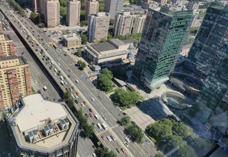 A bird's-eye view of the urban roadways in Beijing.